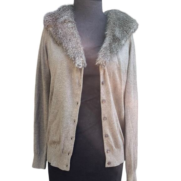 Y2K Ann Taylor Glam Faux Fur Collar Mob Wife Old Money Boho Oatmeal Cardigan M - Picture 2 of 7